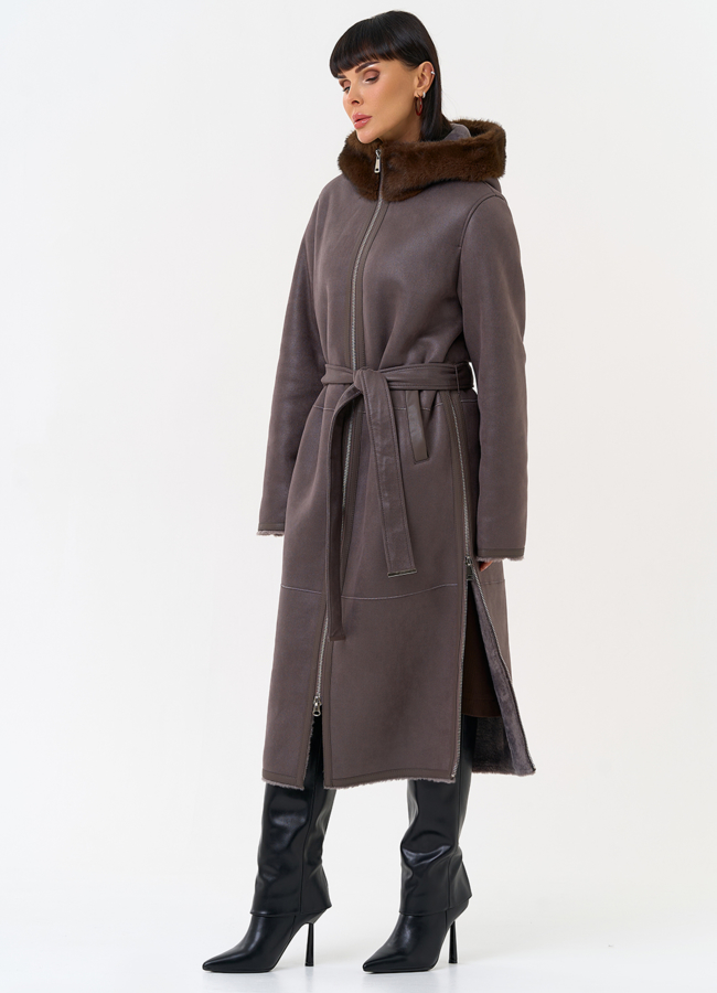 Женская дубленка из эко замши с поясом модель № 31515 в рассрочку