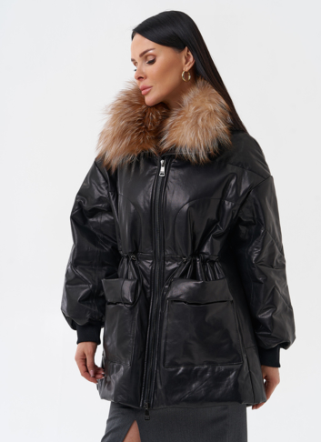 Кожаный пуховик с мехом