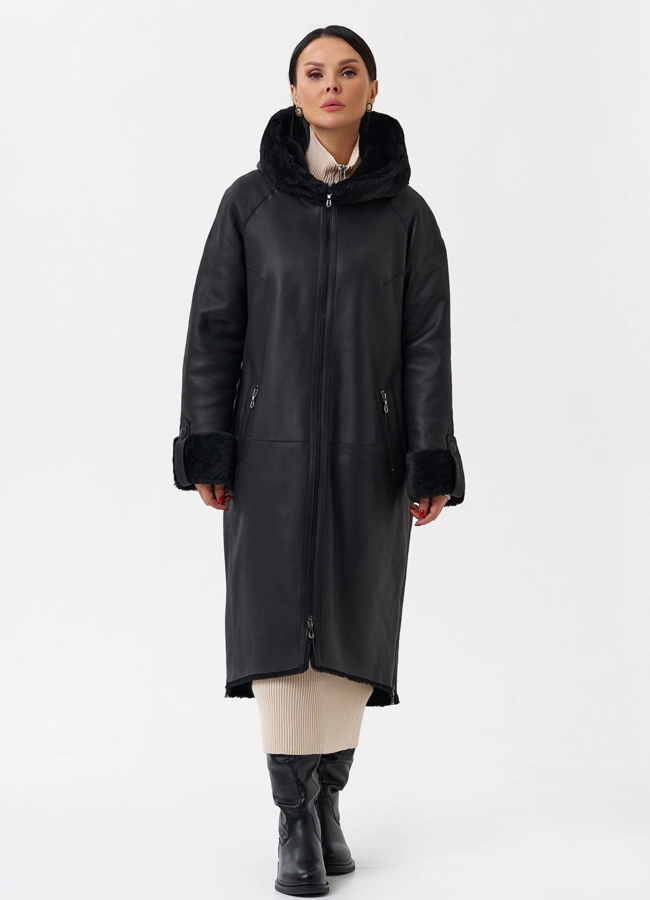 фото Натуральная дубленка с капюшоном модель № 28956