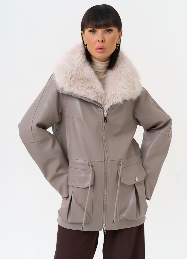 Удлиненная куртка из эко кожи с воротником из эко меха модель № 30707 в рассрочку