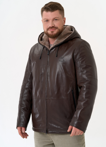 Мужская дубленка коричневого цвета с капюшоном