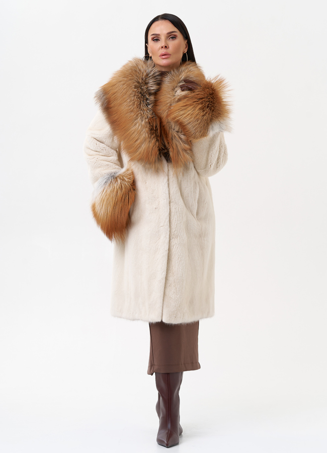 Норковая шуба с отделкой из меха лисы модель № 29542 меха малина