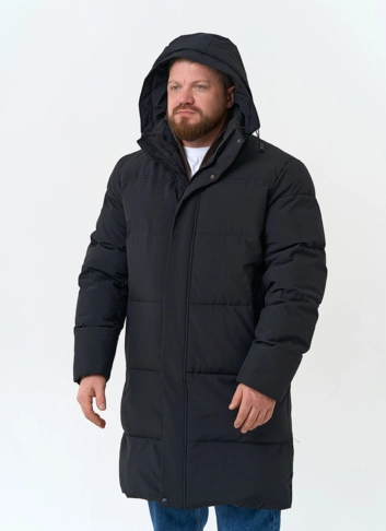 Удлиненный мужской пуховик с капюшоном фото