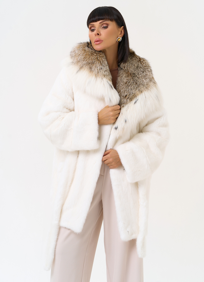 Женская шуба из меха норки с капюшоном из меха рыси модель № 31375 универмаг малина