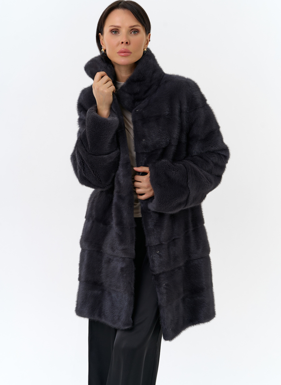 Норковая шуба с воротником стойка в цвете графит