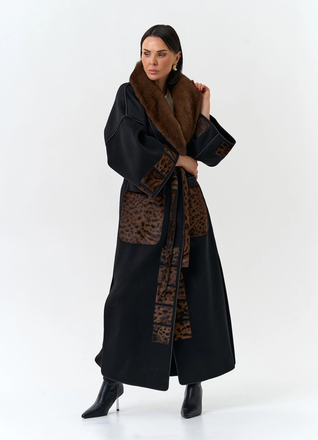 Женское длинное пальто с воротником из меха норки модель № 32647 меха малина