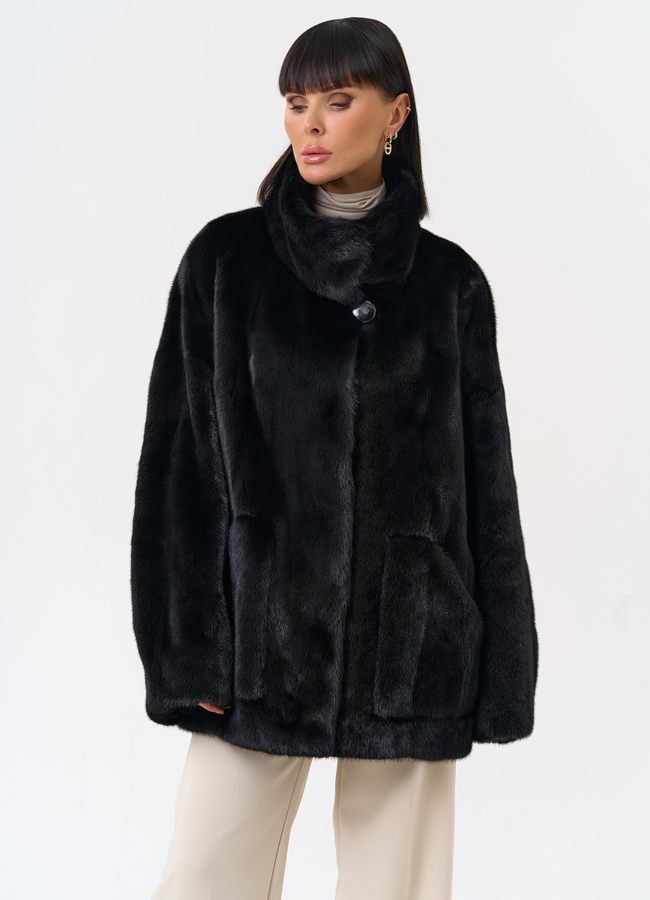 Женская шуба из скандинавской норки с воротником стойкой модель № 31633 универмаг малина