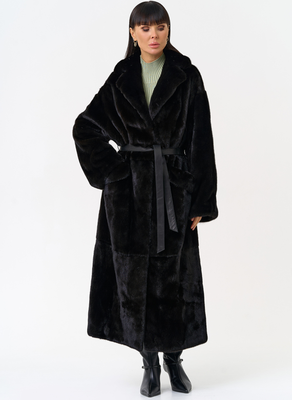 Длинная шуба из меха норки blackglama с поясом