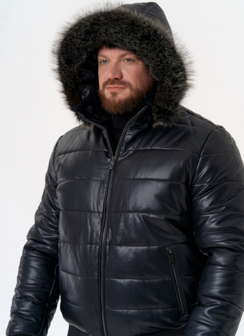 Пуховик из эко кожи черного цвета 