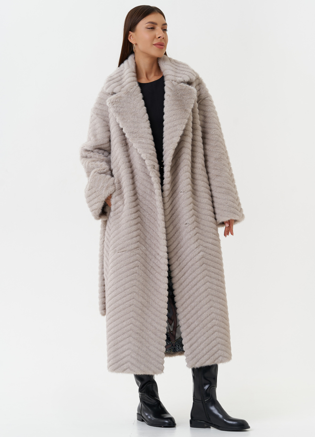 Женское пальто из эко меха с поясом модель № 28452 универмаг малина