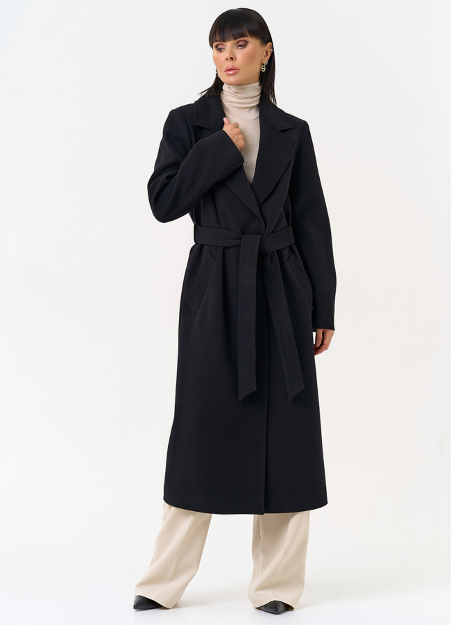 Женское пальто черного цвета с поясом модель № 31560 меха малина