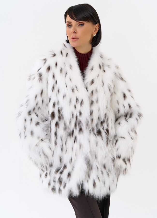 Шуба из лисы с инкрустацией под рысь модель № 31855 универмаг малина