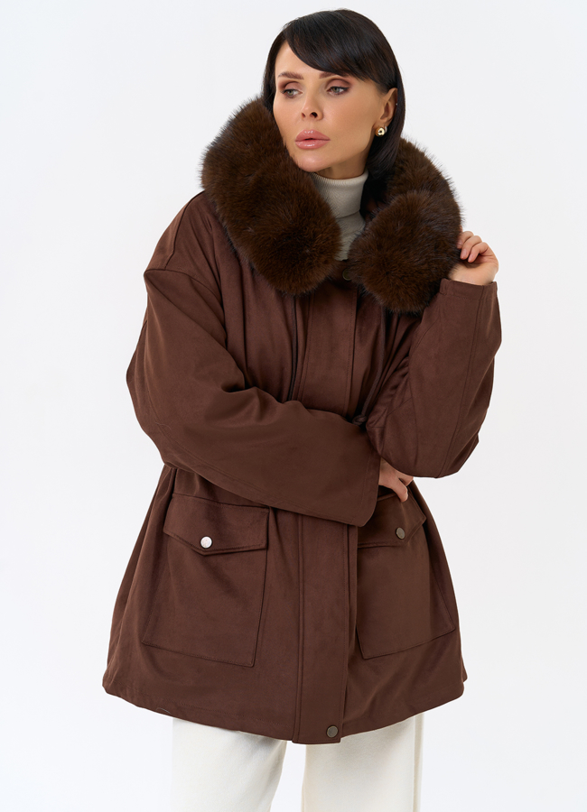 Женская парка из эко замши с капюшоном из эко меха модель № 31947 универмаг малина