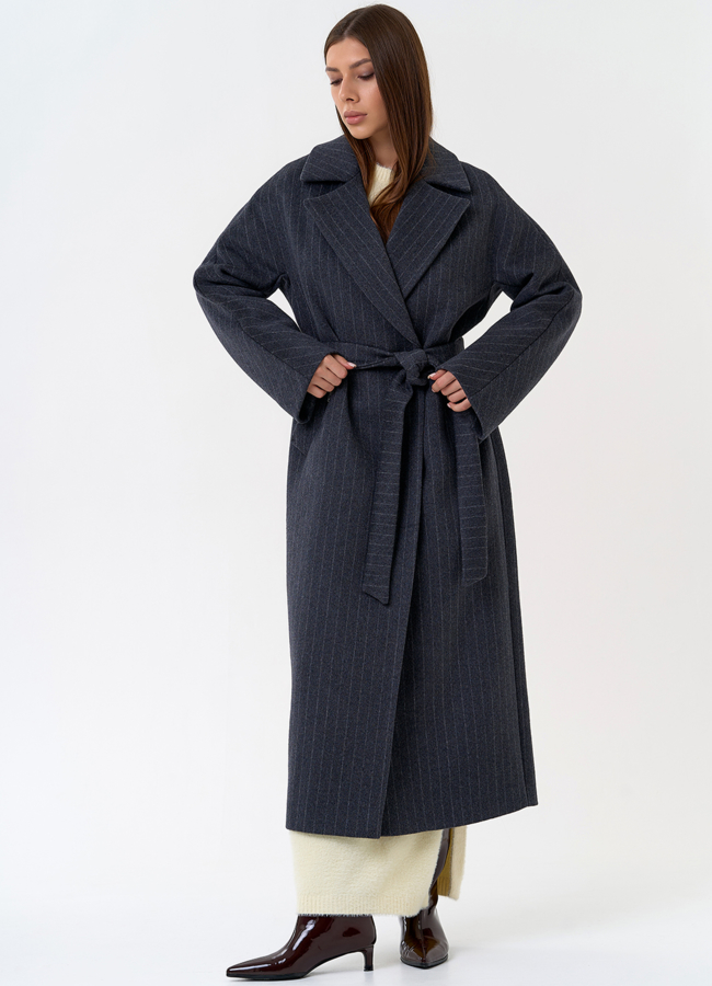 фото Женское длинное пальто с поясом модель № 31333