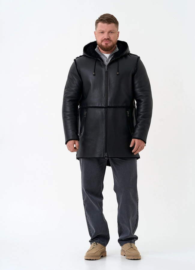 Мужская натуральная дубленка с капюшоном модель № 32060 в кредит