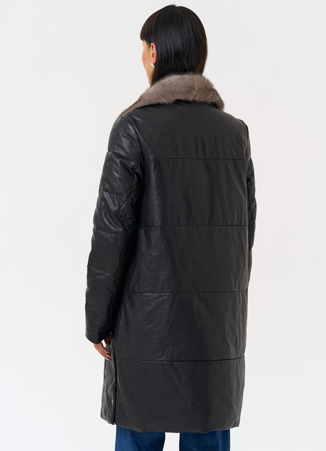 Пуховик из натуральной кожи с воротником из меха норки модель № 31566 в кредит