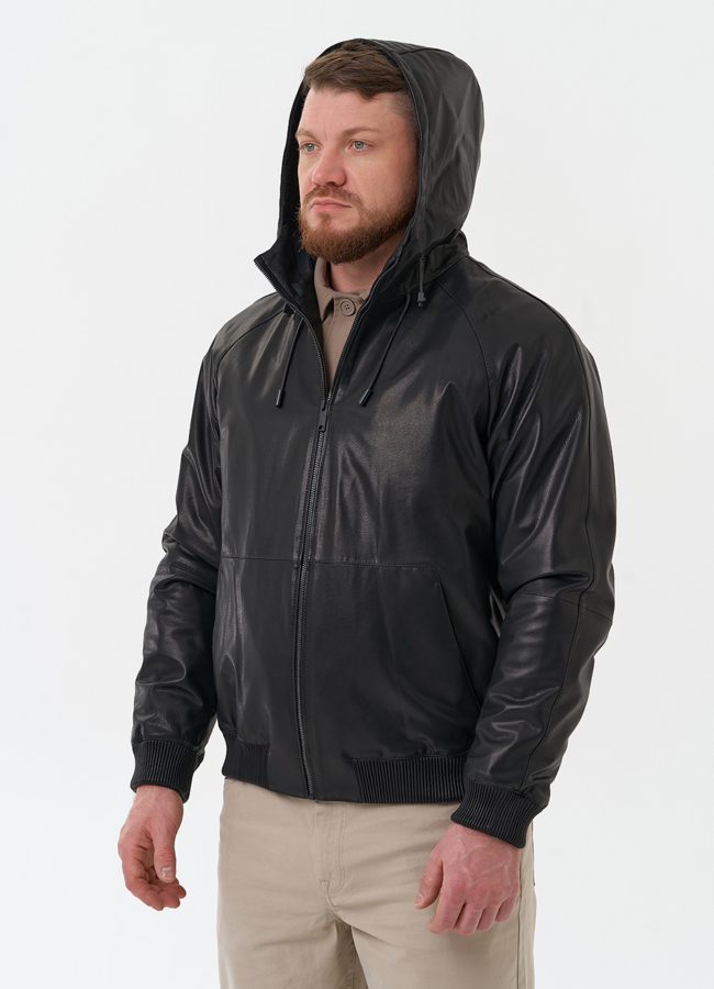 Мужская куртка из натуральной кожи с капюшоном модель № 30073 в рассрочку
