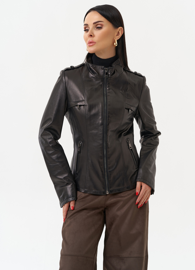 Женская кожаная куртка модель № 20500 меха малина