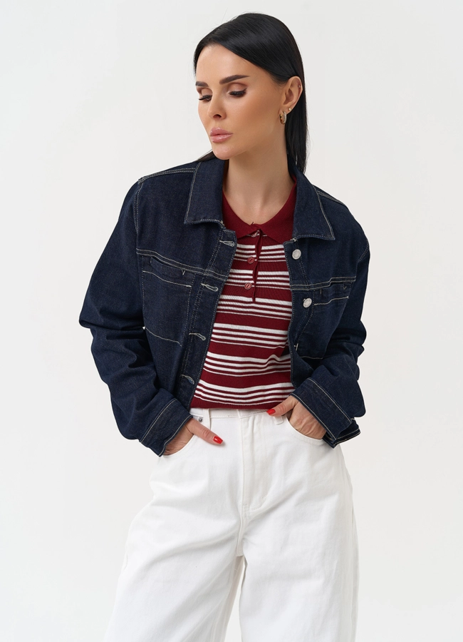 Жакет джинсовый синего цвета модель № 30413 меха малина
